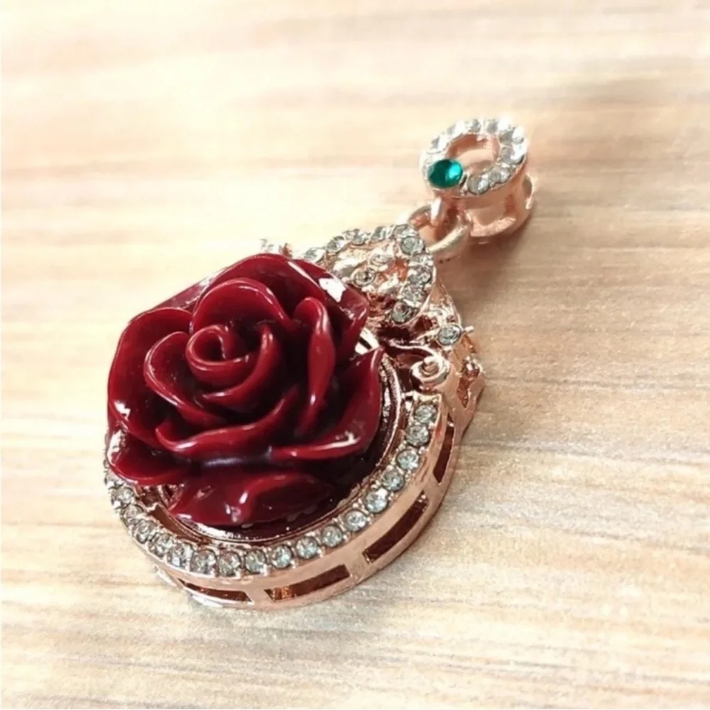 Elegant Cinnabar Rose Pendant with Crystals